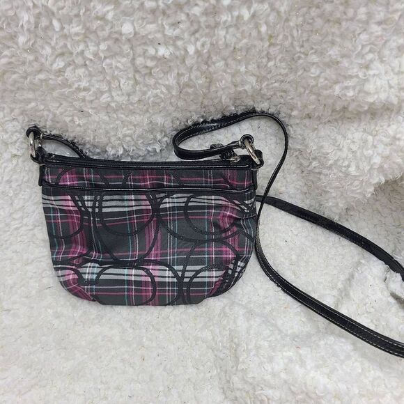 Coach Poppy‎ Balck and Pink Tartan Plaid Small Crossbody - Picture 1 of 6